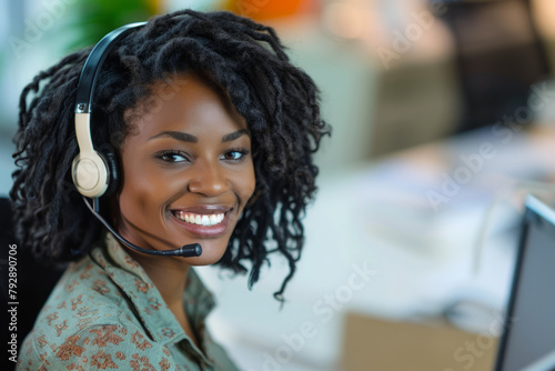 A smiling Afro-American female customer service representative diligently works on her computer in the office, radiating positivity and professionalism as she handles tasks