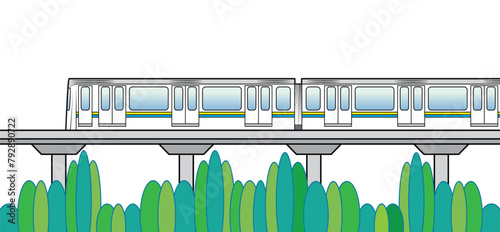 Overhead railway train or skytrain drawing in colorful cartoon vector