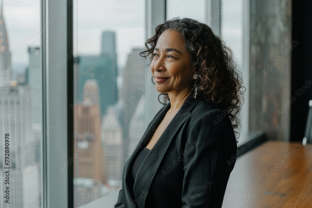 A thoughtful Hispanic mature woman stands in a skyscraper office boardroom, smiling while gazing out the window at the expansive cityscape. A thoughtful Hispanic mature woman stands in a skyscraper office boardroom, smiling while gazing out the window at the expansive cityscape.