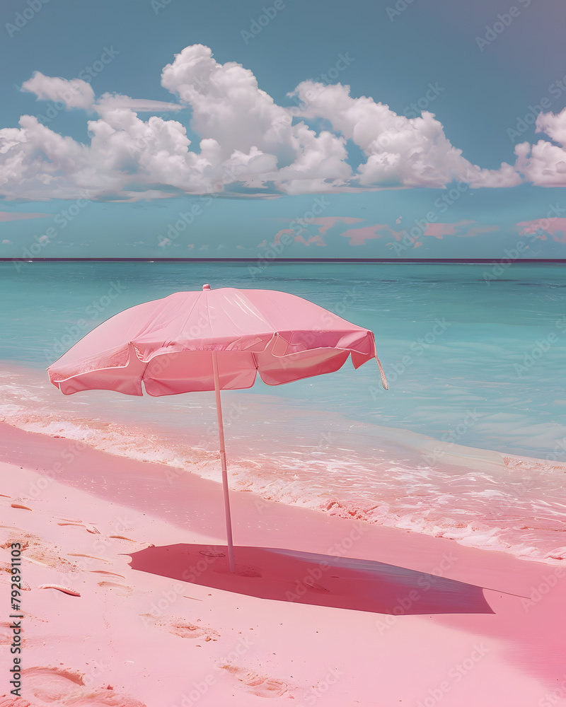 PInk coaster area with umbrella and decoration in the beach with no people 