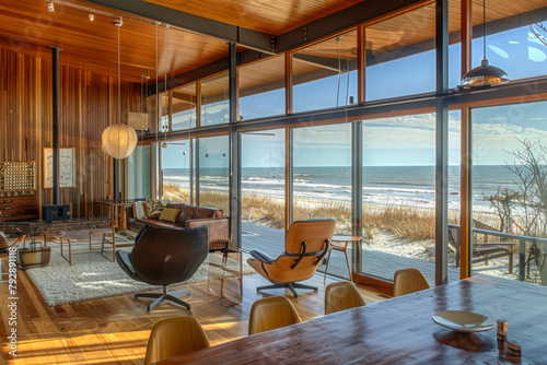 Mid-century modern beach house with retro furnishings, teak accents, and expansive windows. © Hunman