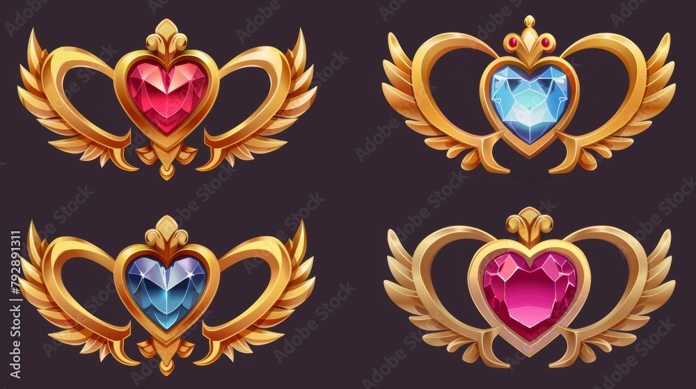 Gold metal heart gem rank badge with wings. Achievement icons set as an amulet or button. Magic medieval jewelry trophy to recognize user progress.
