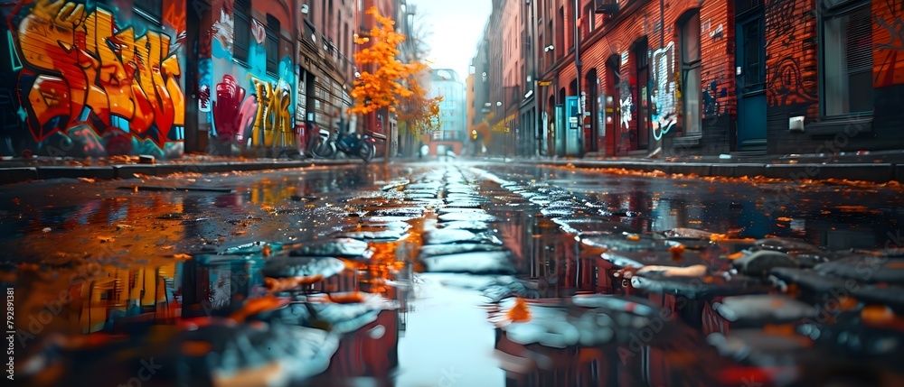 Obraz premium Vibrant and Eye-Catching Graffiti Street Art in City Alleyway. Concept City Graffiti, Vibrant Art, Street Alley, Urban Scene, Eye-catching Murals