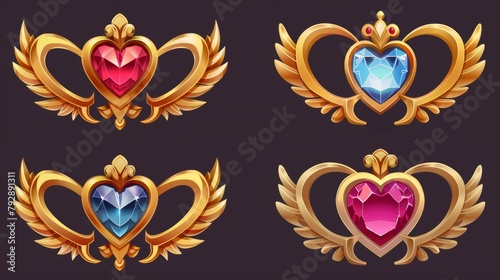 Gold metal heart gem rank badge with wings. Achievement icons set as an amulet or button. Magic medieval jewelry trophy to recognize user progress.