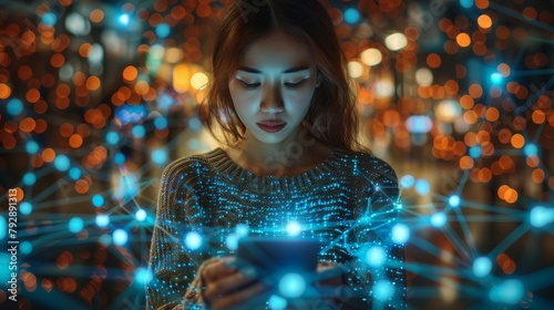 Concept of digital transformation  high-speed internet app  and global internet network connection  abstract background. A woman uses a mobile phone to transfer digital data using the high-speed