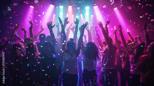 Group happy people in DJ night club party with projector neon light illumination effect. AI generate