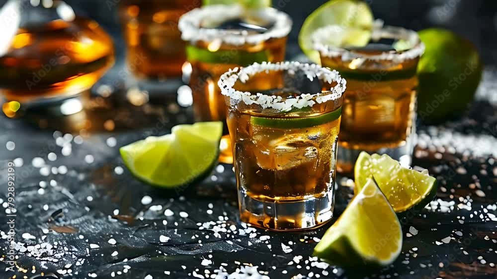 Golden Tequila Shots With Lime Wedges and Salt on a Dark Table. Cinco de Mayo Concept