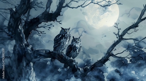 Two owls perched on a branch in front of a full moon