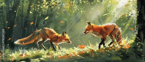 Two red foxes are facing each other in a sunlit forest.