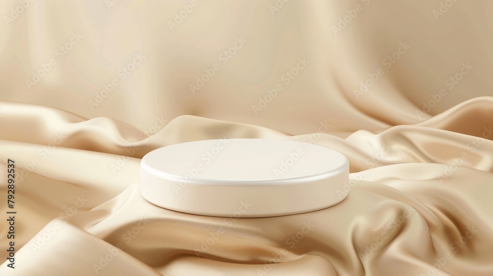 Platform mockup on pastel satin for cosmetic product presentation. Contraceptive pill. Sale announcement banner template. Realistic round platform on silk fabric background.