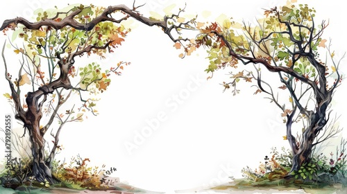 Two watercolor trees with branches forming an arch