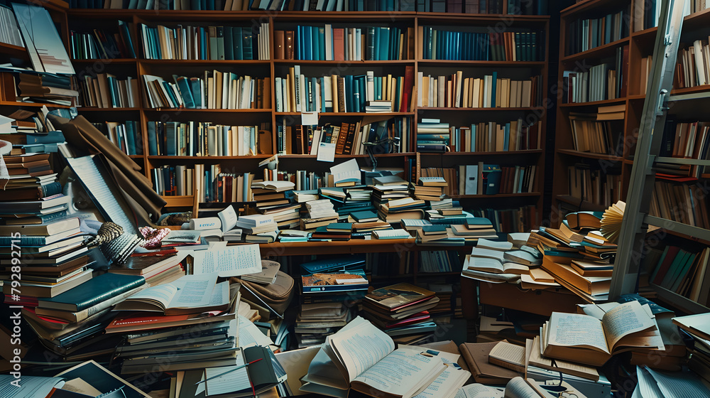 A cluttered academic study room with bookshelves open textbooks and a desk filled with reading materials. Concept Indoor Photoshoot, Academic Setting, Cluttered Study Room, Books and Reading