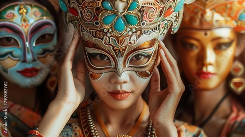 Indonesian young women behind traditional mask photo