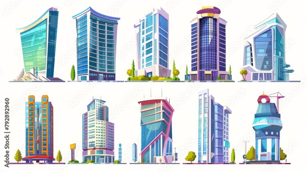 Cityscape cartoon with corporate tower and oil station exterior isolated. Center district house estate graphic symbol for website.