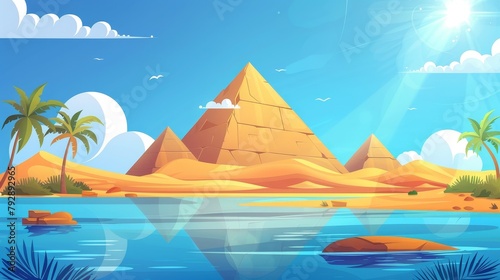 Desert cartoon modern background depicting an oasis in Egypt with Nile water and a calm lake along the Sahara desert. Summer panoramic illustration of a lake in the Sahara with sun beam light and a