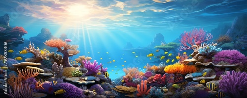 A beautiful and vibrant coral reef with many different types of fish and other sea life.