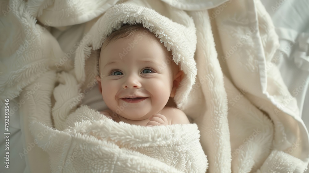 Portrait a cute happy smiling baby wrapped in a soft furry white blanket or towel. AI generated Portrait a cute happy smiling baby wrapped in a soft furry white blanket or towel. AI generated