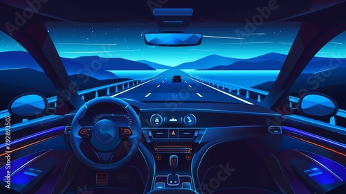 Detailed inside view of car driving on the road. Dashboard, steering wheel, GPS navigator, and view to highway and landscape with sea and mountains at night. Modern illustration.