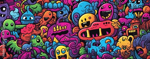 A colorful and detailed doodle drawing of various monsters and creatures.