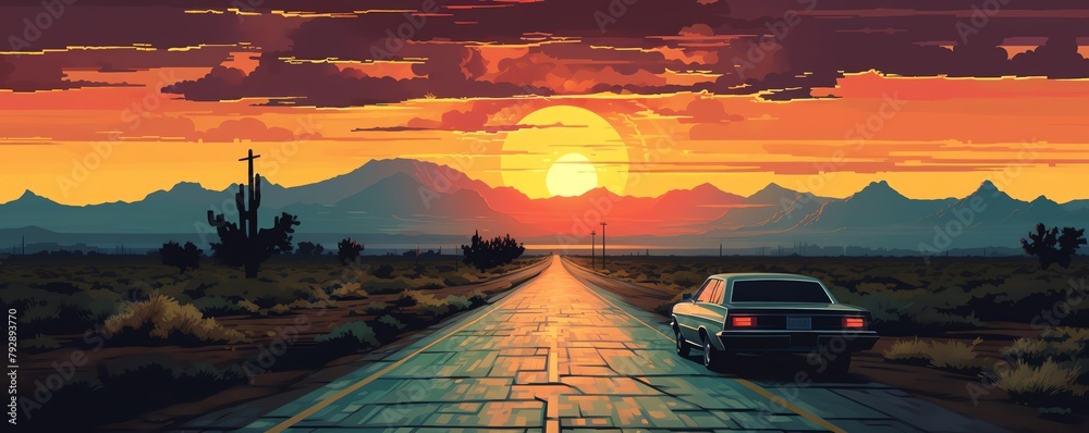 A retro car drives through a desert landscape at sunset.
