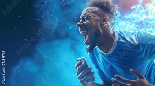 Soccer player exhaling smoke while playing a game on the field in action with open mouth photo