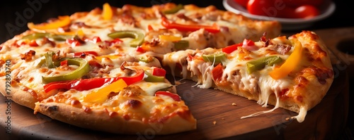 A pizza with bell peppers, mozzarella, and cheddar cheese. photo