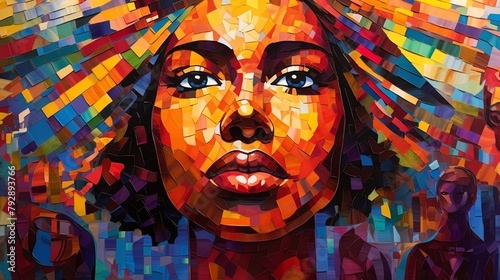 A portrait of a black woman with colorful hair and a serious expression on her face.