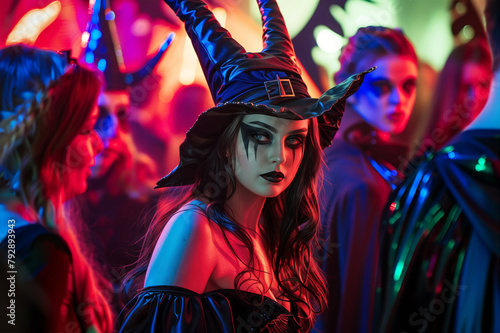 Young woman in witch costume with red lips and black hat at Halloween party.