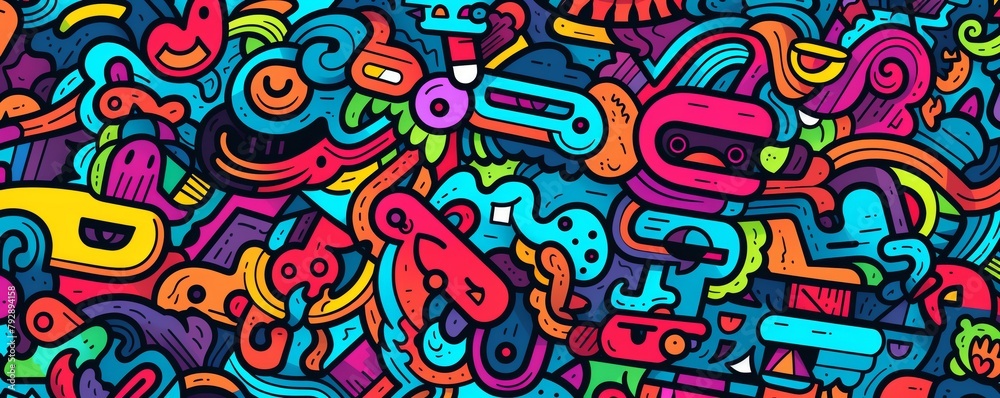 Colorful abstract graffiti with a variety of shapes and colors