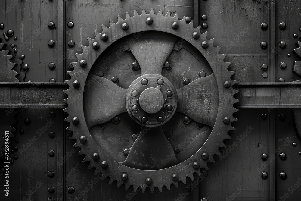 A close up of a large gear with many small holes. The image is black and white and has a vintage feel to it