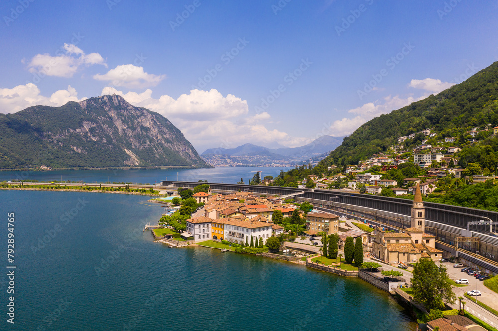 Melide, Switzerland: Aerial view of the bridge on lake Lugano between Bissone and Melide in Canton Ticino in the Swiss alps.