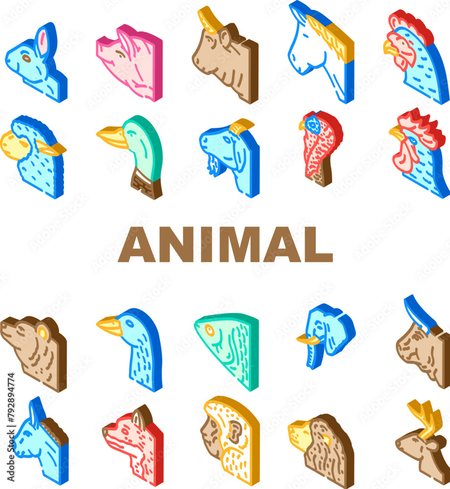 Naklejka premium animal zoo pet face farm icons set vector. elephant cow, bear, pig, cat lion, sheep deer, fox duck animal zoo pet face farm isometric sign illustrations