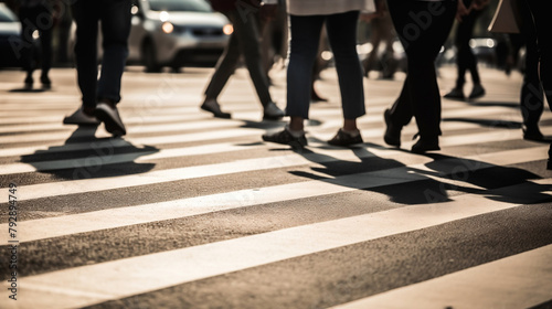 legs of people walking on a busy street along a pedestrian crossing in different directions