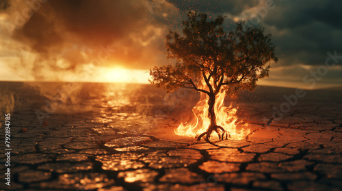 A tree caught fire on cracked soil. Green house effect concept.