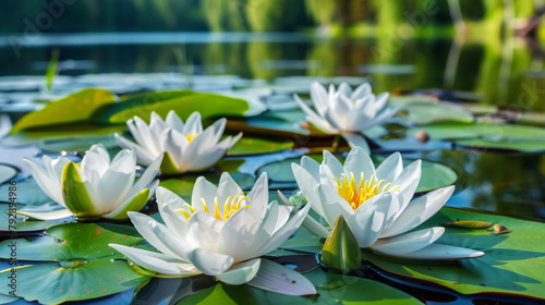 Beautiful summer landscape with white lilies. 