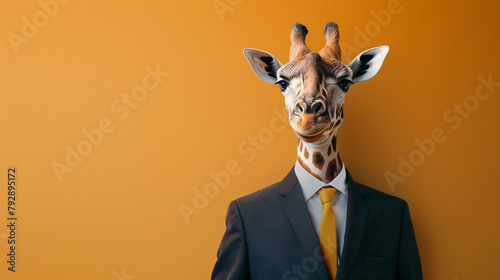 Anthromophic friendly Giraffe wearing suite formal business studio shot 