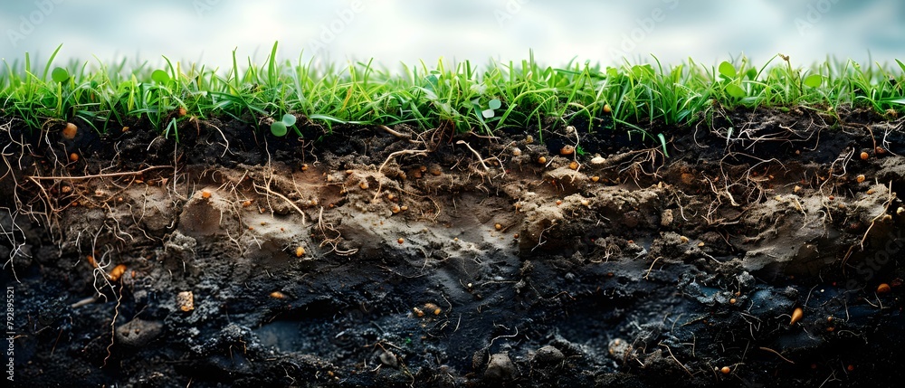 Fototapeta premium Crosssection of green grass turf with visible soil layers and roots. Concept Landscape Photography, Root Systems, Soil Layers, Greenery, Nature Macro Shots