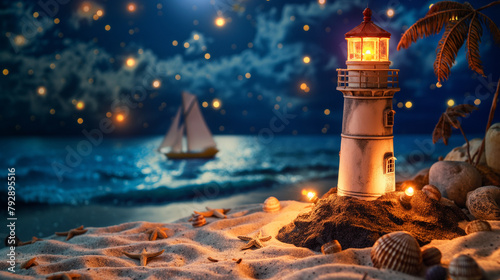 Nautical twilight with a glowing lighthouse and a sailing ship photo