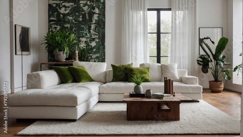 Contemporary Living Space, White Sofa with Green Pillows, Modern Coffee Table, Floor Lamp, Plant, Rug on Wooden Floor, and White Wall in the Background