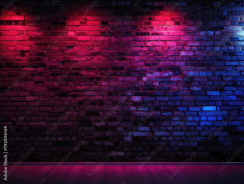 Dramatic illumination on a brick wall with a gradient of pink to blue lights, creating a moody and atmospheric vibe. Dramatic illumination on a brick wall with a gradient of pink to blue lights, creating a moody and atmospheric vibe.
