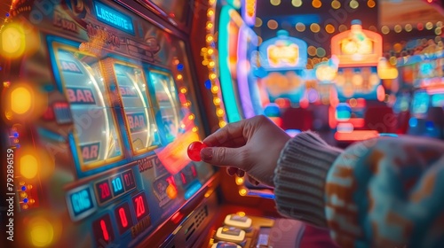 Playing Slot Machines: A photo capturing the excitement of a person pulling the lever on a vintage slot machine photo