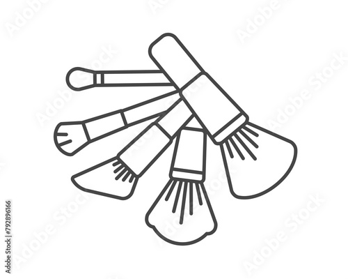 Makeup and cosmetics. Set vector graphic icons of beauty brushes for face, powder, blush, eyeshadow.