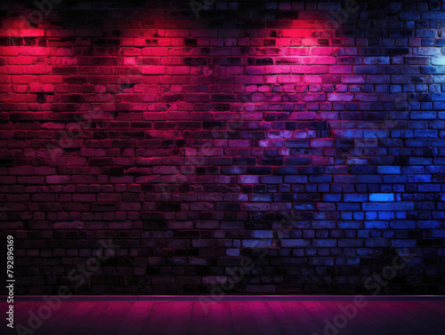 Dramatic illumination on a brick wall with a gradient of pink to blue lights  creating a moody and atmospheric vibe.