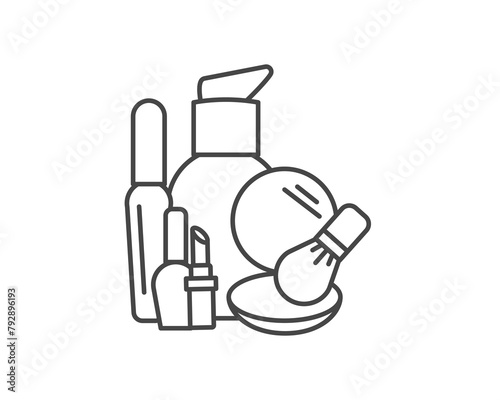 Makeup and cosmetics. Vector set of graphic icons. Lipstick, mascara, powder, foundation, face brush, nail polish