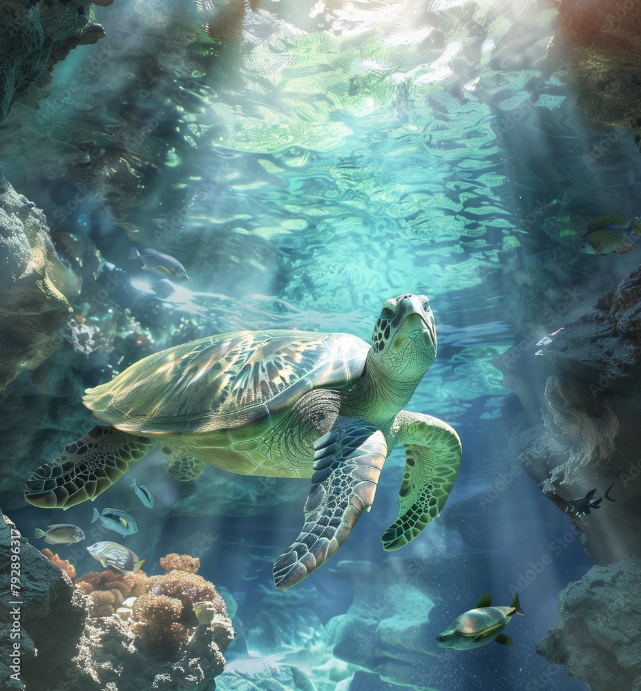A green sea turtle is swimming in the clear blue water of an underwater canyon, with sunlight filtering through and creating patterns on its shell