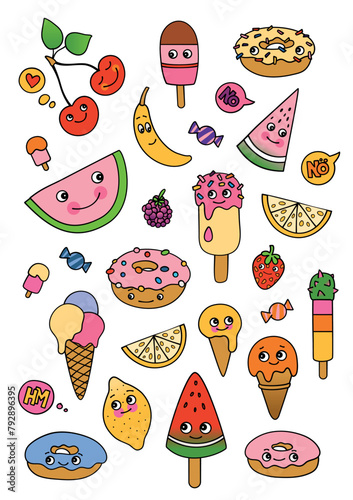 Sweets and Fruits Doodle Illustrations in Japanese Kawaii Style (ID: 792896395)