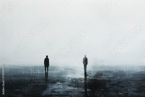 An abstract composition featuring solitary figures silhouetted against a vast expanse of empty space, with muted tones of gray and black conveying feelings of loneliness and solitude.  photo