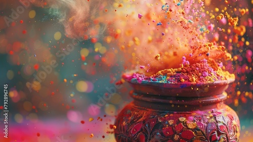 hand-painted background for Holi.  colorful powder pigments being thrown from a decorated clay pot (kulhad). Emphasize the texture of the powder and leave space for text greetings above the pot. photo