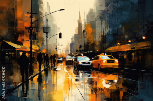 Artistic portrayal of a rainy city street with silhouetted pedestrians, iconic yellow taxis, and towering skyscrapers. The warm amber hues contrast with the cool shadows, evoking nostalgia.
