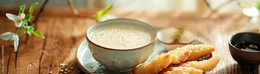 A serene morning setting featuring Nam Taohu (soy milk) with fried breadsticks A serene morning setting featuring Nam Taohu (soy milk) with fried breadsticks
